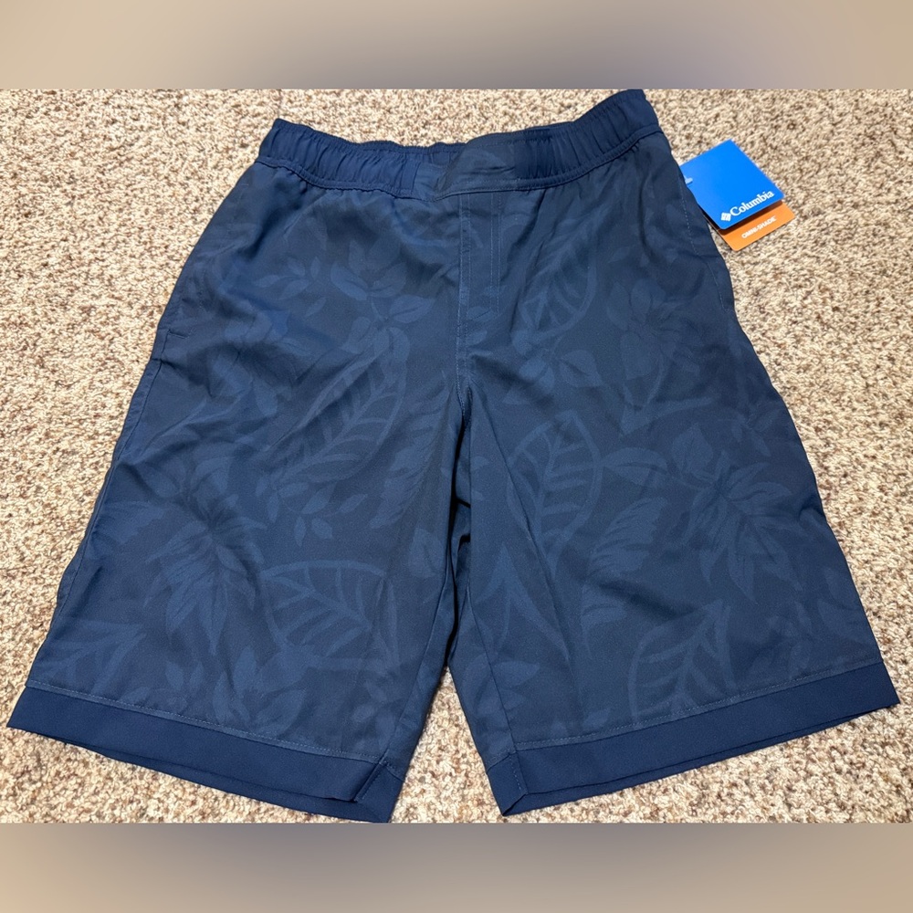 Columbia Boys Shorts Navy Leaf-Print Size L 14/16 Boardshorts NWT